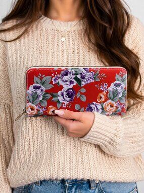Red Rose Floral Print Zip Wallet Clutch Easy to Hold and Carry 8 x4" - Hey Viv